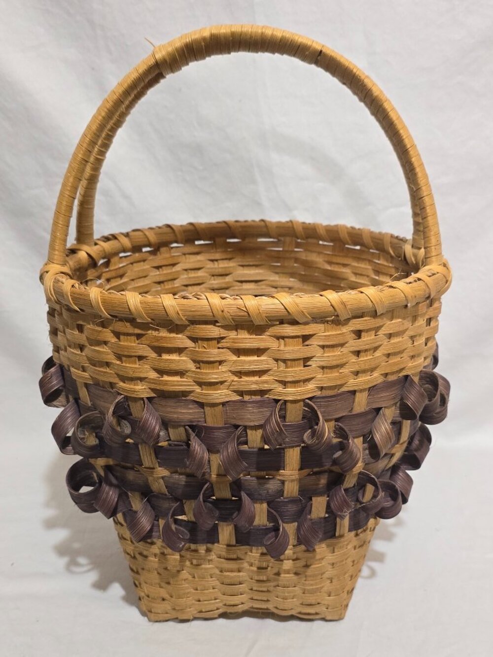 Vtg Hand Woven Maple Splint w Porcupine Curl Weave Handled Basket